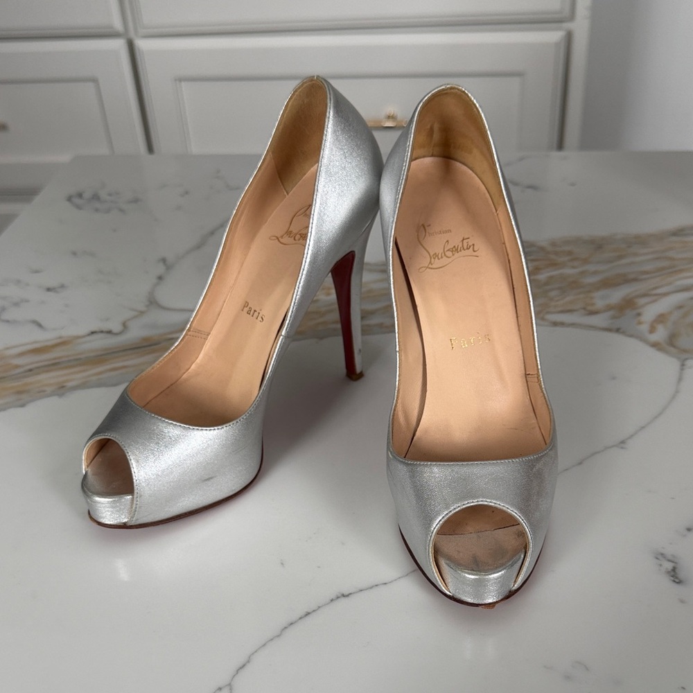 Christian Louboutin Metallic Silver Peep-Toe Heels